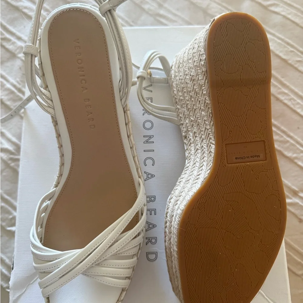 Veronica Beard White Leather Espadrille Wedge Sandals